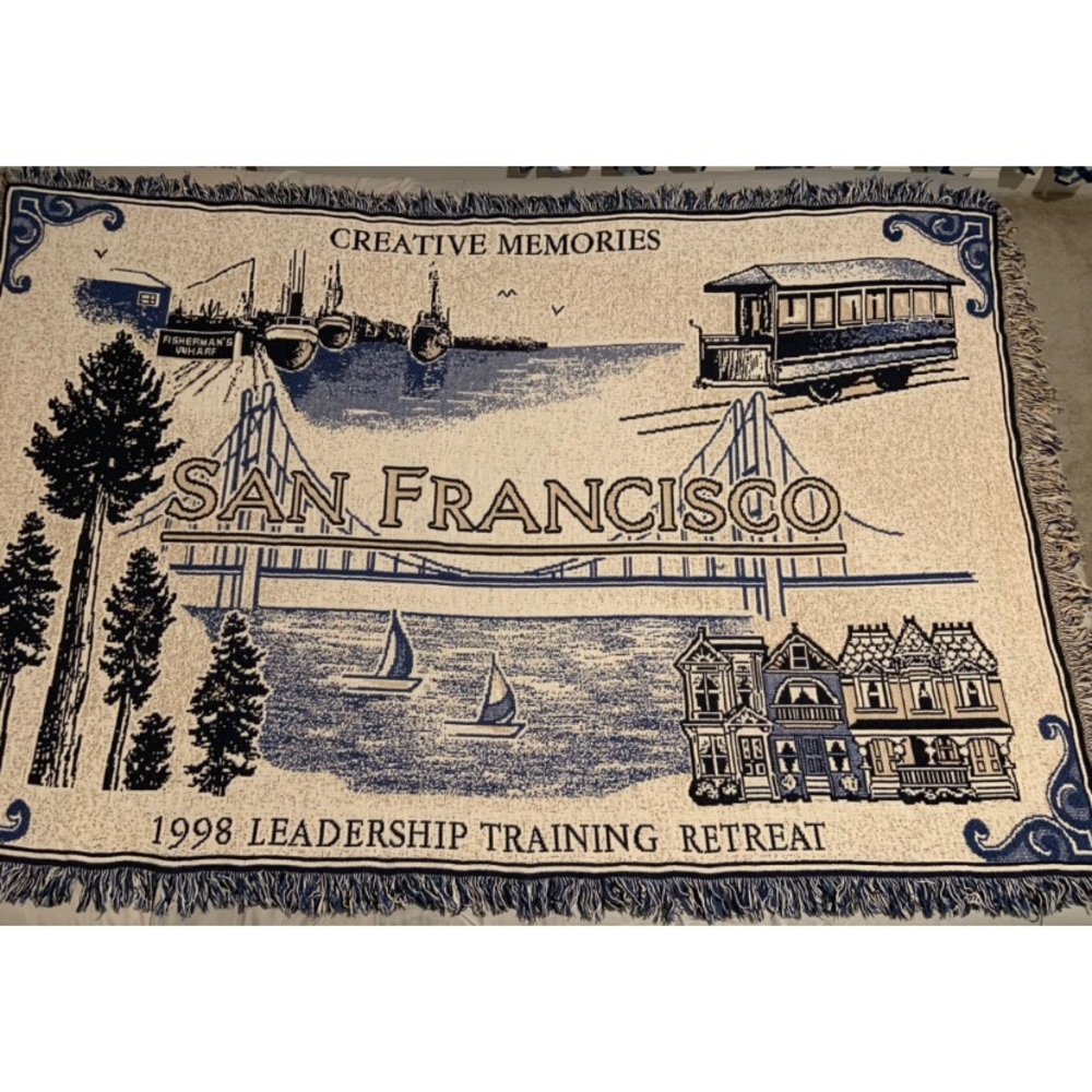 Vintage 1998 San Francisco Fringe Throw Blanket Company Retreat Souvenir 67”x43”